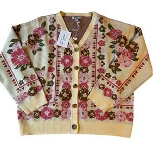 Polgram Floral Knit Cardigan Cream Pink Button Front Women L New